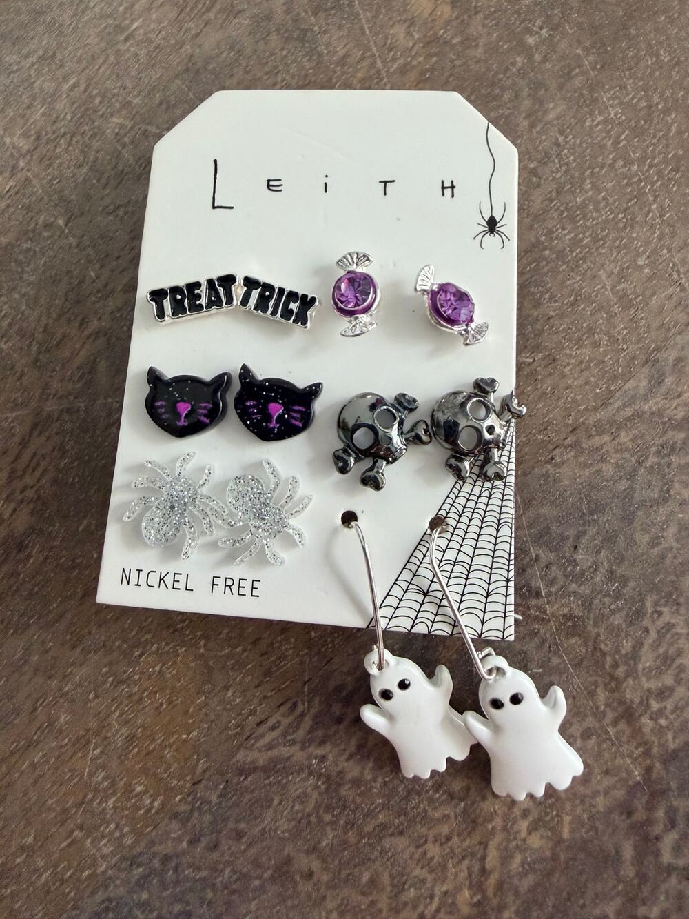 New Leith Halloween 6 Pair Earring Set Ghost Skull Spider Cat Candy NWT